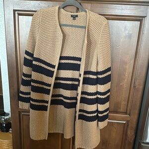 Talbot's Open Front Tan & Navy Waffle Weave Sweater M Petite FALL PERFECT! 🍁